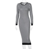 Houndstooth Print Women Long Sleeve Midi Dress Hollow Out Bodycon Sexy Streetwear Autumn Winter Club Elegant Slim