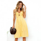 Red Spaghetti Strap Buttons Casual Dress Bow Backless Midi Vestidos Sexy Summer Women Dress Sundress Female Vintage Dresses