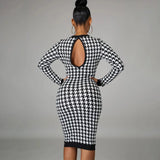 Houndstooth Print Women Long Sleeve Midi Dress Hollow Out Bodycon Sexy Streetwear Autumn Winter Club Elegant Slim