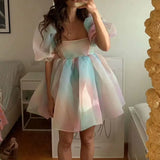 greatnfb Women Puff Sleeve Tulle Tutu Princess Dress Square Collar Mesh Ruffle Bubble Skirt Wedding Evening Party Prom Mini Fairy Dress