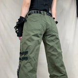 Women's Pants Gothic Punk Baggy Vintage Kawaii Trousers Bandage Low Waist Cargo Pants Grunge Green Zipper Jeans Korea Sweatpants