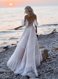 Bohemian Wedding Dresses Tempting Nude Champagne V Neck Chic Sleeves Straps Ruffles Lace A Line Backless Bridal Gowns