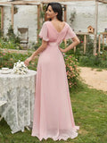 greatnfb Women Pink Bridesmaid Dresses Long Elegant A Line Double V Neck Ruffles Chiffon Formal Wedding Party Dress New Long Prom Dress