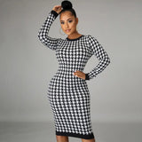 Houndstooth Print Women Long Sleeve Midi Dress Hollow Out Bodycon Sexy Streetwear Autumn Winter Club Elegant Slim