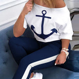 Tracksuit Women Pants Set Fashion Clothes Summer  Boat Anchor Print Patchwork Casual Stretch Bodycon Two Piece Matching