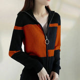 greatnfb Women Knitted Sweater Jacket 2024 Female Autumn Wint Erstriped Slim Slimming Fashion Simple Contrast Color Zipper Cardigan A792