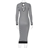 Houndstooth Print Women Long Sleeve Midi Dress Hollow Out Bodycon Sexy Streetwear Autumn Winter Club Elegant Slim