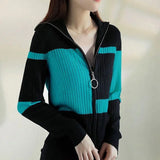 greatnfb Women Knitted Sweater Jacket 2024 Female Autumn Wint Erstriped Slim Slimming Fashion Simple Contrast Color Zipper Cardigan A792