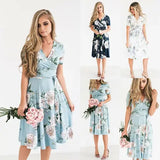 greatnfb Women Summer Casual Chiffon Dress Boho Midi Flowers Printed Short Sleeve V-neck Dress Evening Party/Beach Dress/Floral Sundress