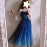 Japanese Fashion Galaxy Blue Starry Dress Women Lolita Summer JSk Soft Sister Cute Fairy Dress Lace Princess Tulle Strap ZR13