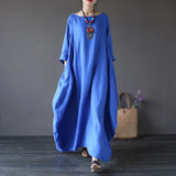 Johnature 2024 New Casual Dress  Women Clothes O-Neck Summer 5 Color Vintage Three Quarter Sleeve Robe Maxi Dresses