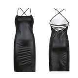 Women Sexy Suspender Mid-length Bodycon Dress Fashion Solid Color Leather Bandage Backless Skinny Split Dress For Female Mujer