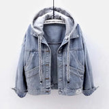 Blue Deconstructable Hooded Turn-down Collar Denim Jacket Women Loose Button Patchwork Outwear Jean Coat Female