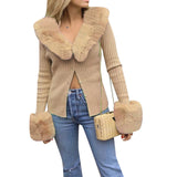 Female Coat, Solid Color Turn-Down Collar Long Sleeve Ribbed Greatcoat for Fall Winter, Apricot/Brown