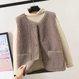 greatnfb  Vests New Spring Autumn Women Button Waistcoat Lamb Hair Winter Thermal Warm Thick Fleece Vests Sleeveless Jacket Ladies Coats