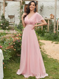 greatnfb Women Pink Bridesmaid Dresses Long Elegant A Line Double V Neck Ruffles Chiffon Formal Wedding Party Dress New Long Prom Dress