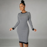 Houndstooth Print Women Long Sleeve Midi Dress Hollow Out Bodycon Sexy Streetwear Autumn Winter Club Elegant Slim