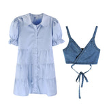 2 Piece Set Women Summer High Waist Dress Y2K Denim Camisole + Mini Dress Elegant Puff Sleeve A-line Dress Vintage Slim Dresses