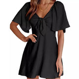 Hot Trade European and American  2024 Summer Short Sleeve Midi A- Line Skirt Pullover Ruffle Sleeve Half-Open Collar Dress