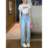 Light Blue Wide Leg Jeans Women 2025 Spring Korean Style New Design Letter Print Loose Draggle-Tail Trousers