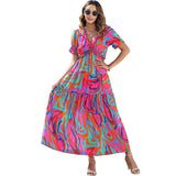 GREATNFB European and American Foreign Trade Floral Print High Waist Dress Women's Summer  New Waist Slimming V-Neckline Long Skirt Women