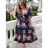 GREATNFB  Self-Developed European and American Foreign Trade   Hot Summer V-neck Dark Blue Printing plus Size Dress