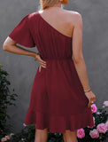 2023  Hot Trade European and American Ladies Summer Sexy One Shoulder Irregular Ruffled Hem Solid Color Dress