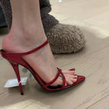Special-Interest Design Pointed Stiletto Heel High Heels Women's  Spring New Sexy Painted Red Ankle-Strap Open Toe Sandals