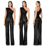 popular new women's sleeveless shoulder onesie  fashion high waist design sequined jumpsuit wholesale