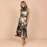 Popular trade 2025 women's clothing  popular summer light and mature temperament long dress sleeveless printed neck dress