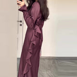 GREATNFB Autumn New Europe and America Cross Border  Cross-Border Solid Color round Neck Ruffled Long Temperament Jumpsuit Dress