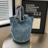 GREATNFB Denim Bucket Bag Large Capacity Women's Bag  Summer New Fresh Embroidered Shoulder Bag All-Matching Underarm Bag