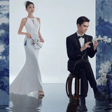 2025 Photo studio photo theme clothing Chinese meticulous painting style retro photo photography dress satin fishtail neck wedding dress