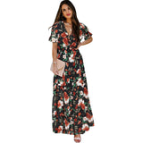 GREATNFB European and American Foreign Trade Floral Print High Waist Dress Women's Summer  New Waist Slimming V-Neckline Long Skirt Women