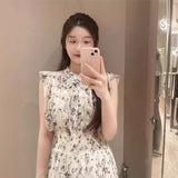 GREATNFB [Daishan]  Early Spring Japanese Style Sweet Printed Refreshing Flying Sleeve Tied High Waist Pleated Chiffon Dress