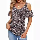 GREATNFB  Cross Border Women's   Summer New off-the-Shoulder Printed V-neck Short Sleeve Loose Top T-shirt