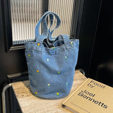 GREATNFB Denim Bucket Bag Large Capacity Women's Bag  Summer New Fresh Embroidered Shoulder Bag All-Matching Underarm Bag