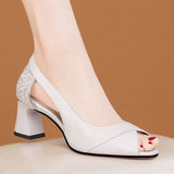 Peep Toe Sandals High Heels Women  New Summer Sequins Fashion Women Chunky Heel All-Matching Hollowed Women's Shoes plus Size