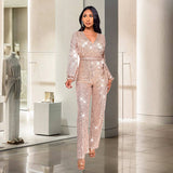 Hot trade women's fashion babes long-sleeved deep V jumpsuit  party sequined belt jumpsuit women's wholesale