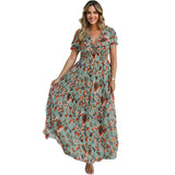 GREATNFB European and American Foreign Trade Floral Print High Waist Dress Women's Summer  New Waist Slimming V-Neckline Long Skirt Women