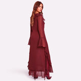 GREATNFB H24DS228 2025  women's clothing autumn new ruffle trim long-sleeved V-neck hem double split dress