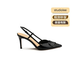 greatnfb Cowhide Version ~ Fashion Fashion  Summer Pointed Pumps High Heel Back Empty Stiletto Sandals Women 2024