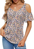 GREATNFB  Cross Border Women's   Summer New off-the-Shoulder Printed V-neck Short Sleeve Loose Top T-shirt