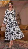 Popular trade   2025 spring and summer V-neck printed cake long dress fashion long-sleeved dress women