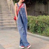 greatnfb Retro Hong Kong Style Salt Denim Suspender Pants for Women Spring and Summer New Internet Celebrity Fried Street Loose Straight Wide Leg Mop Trousers