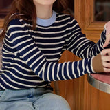 2025 popular autumn new Popular style age-reducing color matching striped long-sleeved t-shirt fashionable slim and thin inner bottoming shirt women