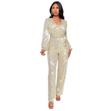 Hot trade women's fashion babes long-sleeved deep V jumpsuit  party sequined belt jumpsuit women's wholesale