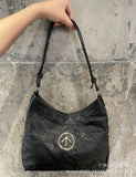 Grotto Same Style Gender-Free Black Stone Hobo Vegetable Tanned Pleated Leather All-Match Shoulder Crossbody Soft Bag