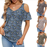 GREATNFB  Cross Border Women's   Summer New off-the-Shoulder Printed V-neck Short Sleeve Loose Top T-shirt