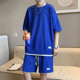 GREATNFB Summer New Waffle Fake Two-Piece Casual Suit Breathable Short-Sleeved T-shirt Fifth Pants Sports Clothing